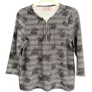 A4 Chico's Women's Gray Plaid Floral Zip Up 3/4 Sleeve Knit Top‎ Blouse Size M